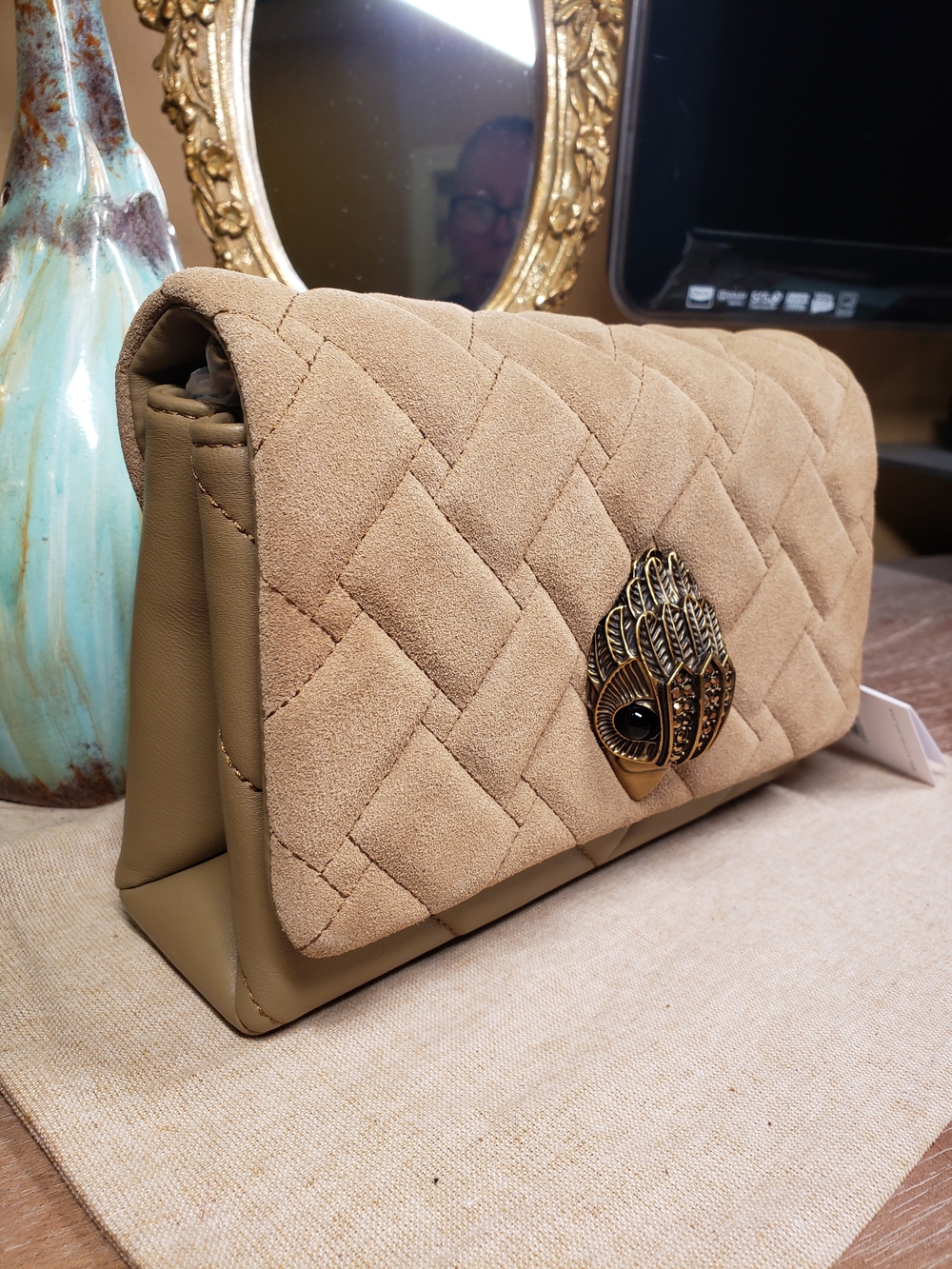 Kurt Geiger Tan Quilted Crossbody Bag w/ Brass Crystal Embellished Eagle NWT! - Picture 4 of 15